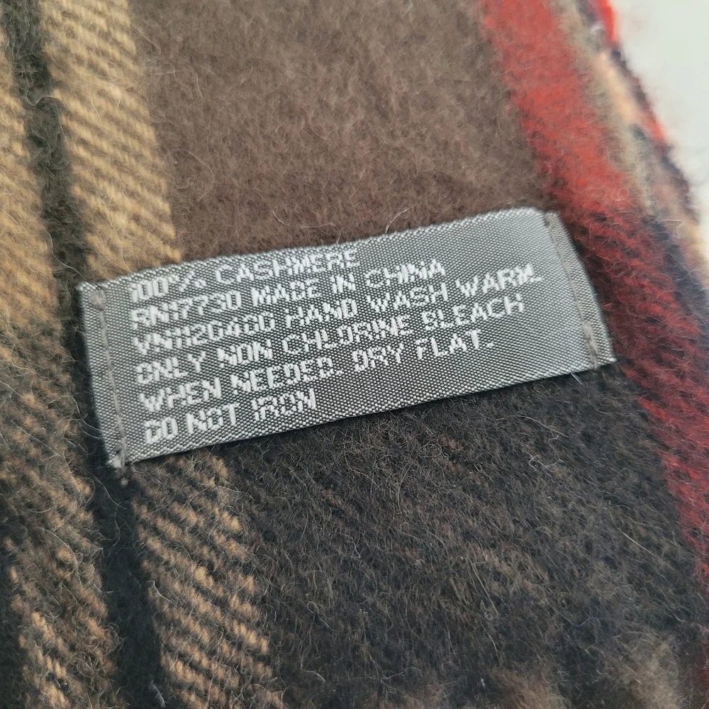 100% Cashmere Plaid Scarf Brown Orange Cream W Fringe